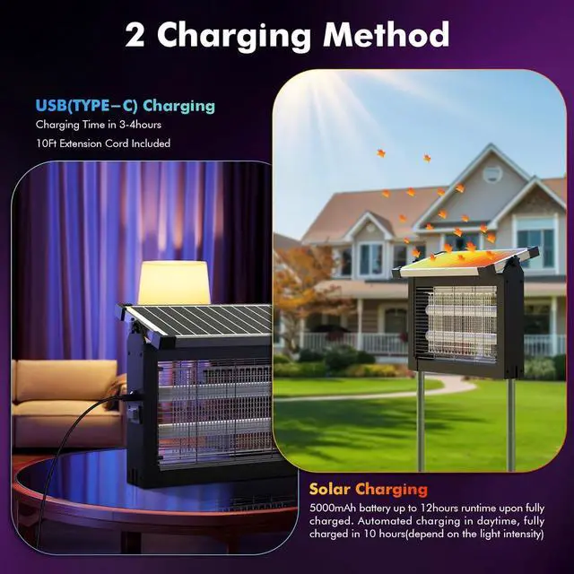 Alt view image 2 of 6 - Solar Bug Zapper Outdoor 4500V, Mosquito Waterproof Electric Fly with 10W Panel, Rechargeable Killer Lamp, Cordless Trap for Patios, Gardens, Camping, Backyard Dark Black -