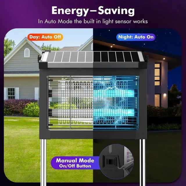 Alt view image 3 of 6 - Solar Bug Zapper Outdoor 4500V, Mosquito Waterproof Electric Fly with 10W Panel, Rechargeable Killer Lamp, Cordless Trap for Patios, Gardens, Camping, Backyard Dark Black -