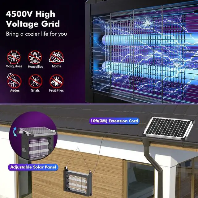 Alt view image 5 of 6 - Solar Bug Zapper Outdoor 4500V, Mosquito Waterproof Electric Fly with 10W Panel, Rechargeable Killer Lamp, Cordless Trap for Patios, Gardens, Camping, Backyard Dark Black -