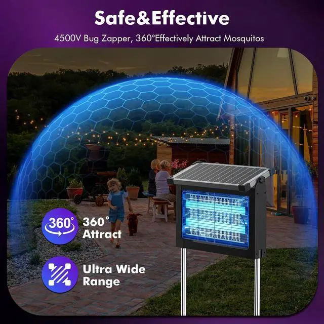 Alt view image 6 of 6 - Solar Bug Zapper Outdoor 4500V, Mosquito Waterproof Electric Fly with 10W Panel, Rechargeable Killer Lamp, Cordless Trap for Patios, Gardens, Camping, Backyard Dark Black -