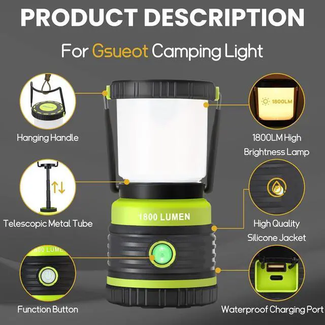 Alt view image 3 of 7 - Camping Lantern Rechargeable Telescopic Light,1800LM, 4400mAh IPX5 Waterproof Tent Lights, 4 Light Modes, Portable Flashlight for Power Outages, Emergency, Hurricane, Hiking Green -
