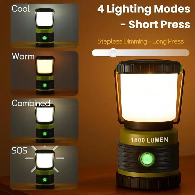 Alt view image 4 of 7 - Camping Lantern Rechargeable Telescopic Light,1800LM, 4400mAh IPX5 Waterproof Tent Lights, 4 Light Modes, Portable Flashlight for Power Outages, Emergency, Hurricane, Hiking Green -