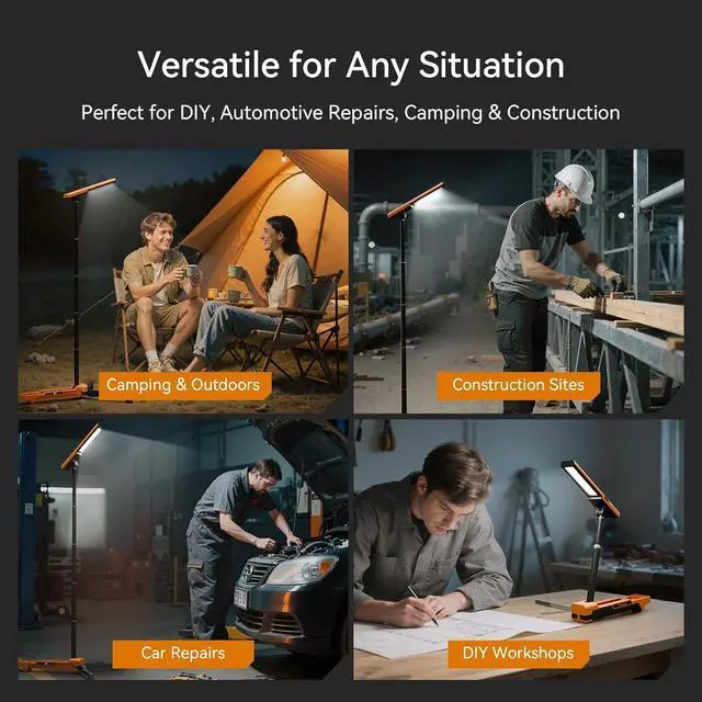Alt view image 6 of 7 - LED Work Light with Stand Foldable Tripod Lighting 1500LM Adjustable for Construction, Outdoor, DIY, and Camping, IP54 Waterproof, Rechargeable Battery Type-C Charging Yellow -