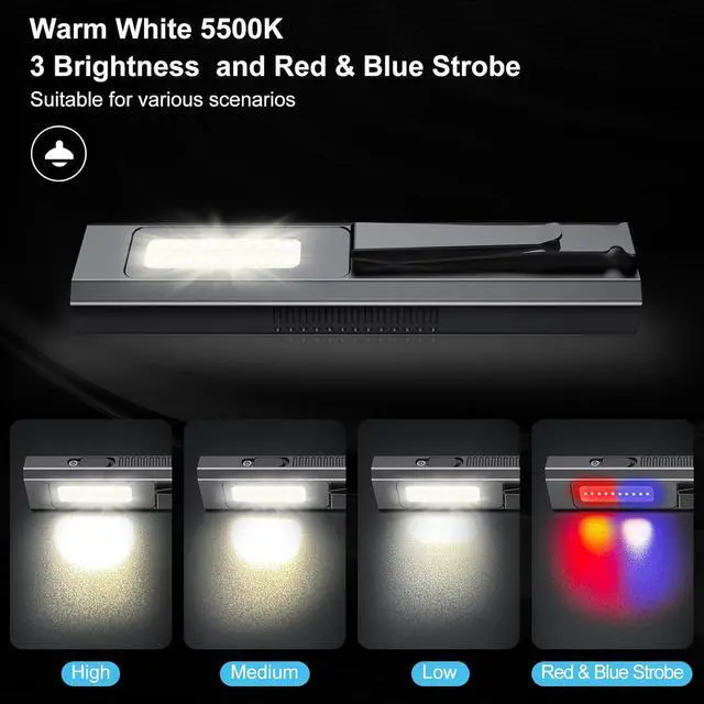 Alt view image 5 of 7 - EDC Flat Flashlight High Lumens, Rechargeable Pocket Light with White/Warm LED, UV, Gream Beam, Flash Combo, 4 Bright Modes, Double Magnetic Base, for Outdoors, Emergency, Work, Detection (Black)