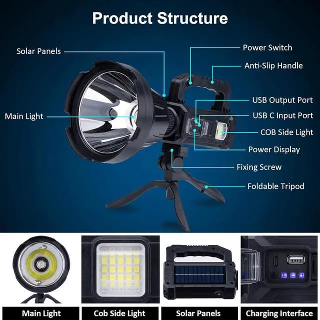 Alt view image 5 of 7 - Recharge Handheld Spotlight, 3,000,000L Super Bright LED Solar & Battery Powered Spot Light with 6 Modes, 3 Color Lenses, COB Side Light, USB C, Waterproof for Outdoor Emergency Hunting