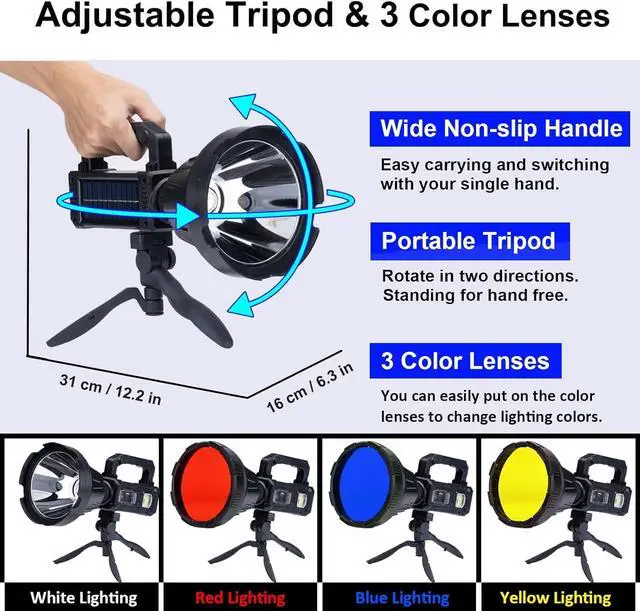 Alt view image 6 of 7 - Recharge Handheld Spotlight, 3,000,000L Super Bright LED Solar & Battery Powered Spot Light with 6 Modes, 3 Color Lenses, COB Side Light, USB C, Waterproof for Outdoor Emergency Hunting