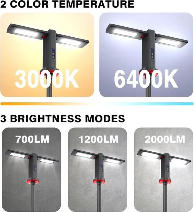Alt view image 2 of 6 - Rechargeable Work Light with Tripod Stand - 8000mAh 2200 Lumen Dual Head, 3000K/6400K IP54 Waterproof, Magnetic Base & Carry Bag for Construction/Camping, Aluminum, 61"