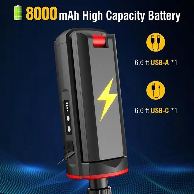 Alt view image 3 of 6 - Rechargeable Work Light with Tripod Stand - 8000mAh 2200 Lumen Dual Head, 3000K/6400K IP54 Waterproof, Magnetic Base & Carry Bag for Construction/Camping, Aluminum, 61"