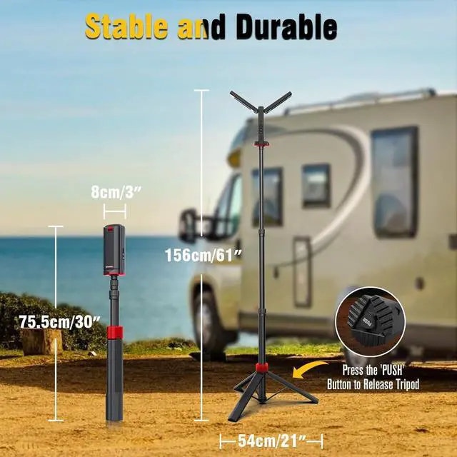 Alt view image 4 of 6 - Rechargeable Work Light with Tripod Stand - 8000mAh 2200 Lumen Dual Head, 3000K/6400K IP54 Waterproof, Magnetic Base & Carry Bag for Construction/Camping, Aluminum, 61"