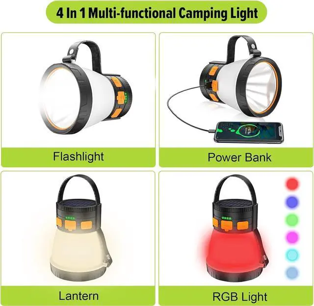 Alt view image 3 of 7 - 2 Pack LED Camping Lantern, 1500 Lumens Camping Lantern Rechargeable with Solar Panel Charging, Waterproof, 8 Light Modes, 7500mAh Power Bank, Camping Flashlight for Hurricane Emergency, Outdoor