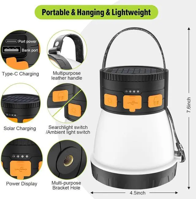 Alt view image 4 of 7 - 2 Pack LED Camping Lantern, 1500 Lumens Camping Lantern Rechargeable with Solar Panel Charging, Waterproof, 8 Light Modes, 7500mAh Power Bank, Camping Flashlight for Hurricane Emergency, Outdoor