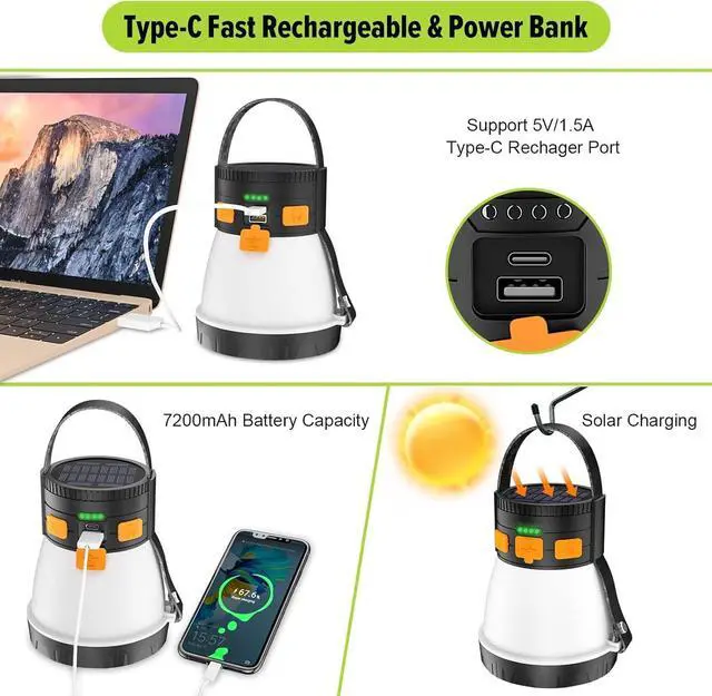 Alt view image 6 of 7 - 2 Pack LED Camping Lantern, 1500 Lumens Camping Lantern Rechargeable with Solar Panel Charging, Waterproof, 8 Light Modes, 7500mAh Power Bank, Camping Flashlight for Hurricane Emergency, Outdoor