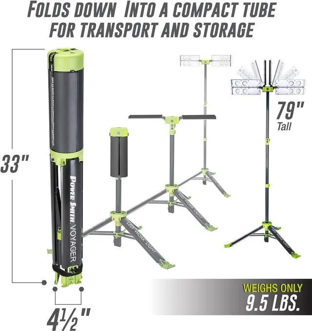 Alt view image 2 of 7 - Voyager PVLR8000A 8000 Lumen Collapsible Cordless Tripod LED Work Light with Battery, Charger & Carry Bag Included. Optional 3-Way Power, Remote Control , Black -