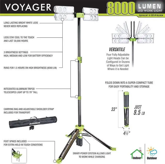 Alt view image 4 of 7 - Voyager PVLR8000A 8000 Lumen Collapsible Cordless Tripod LED Work Light with Battery, Charger & Carry Bag Included. Optional 3-Way Power, Remote Control , Black -