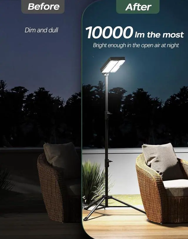 Alt view image 2 of 7 - 10000lm Dimmable Rechargeable Work Light, 15000mAh Detachable Camping Work Light 72'' Telescopic with 2 Separate Lights, 2 Charge Ways Type C & Solar Powered