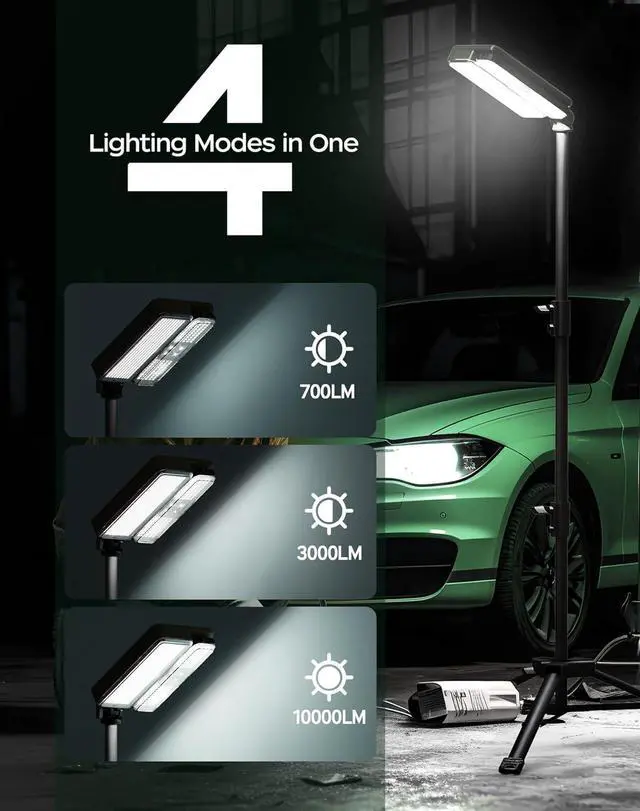 Alt view image 5 of 7 - 10000lm Dimmable Rechargeable Work Light, 15000mAh Detachable Camping Work Light 72'' Telescopic with 2 Separate Lights, 2 Charge Ways Type C & Solar Powered
