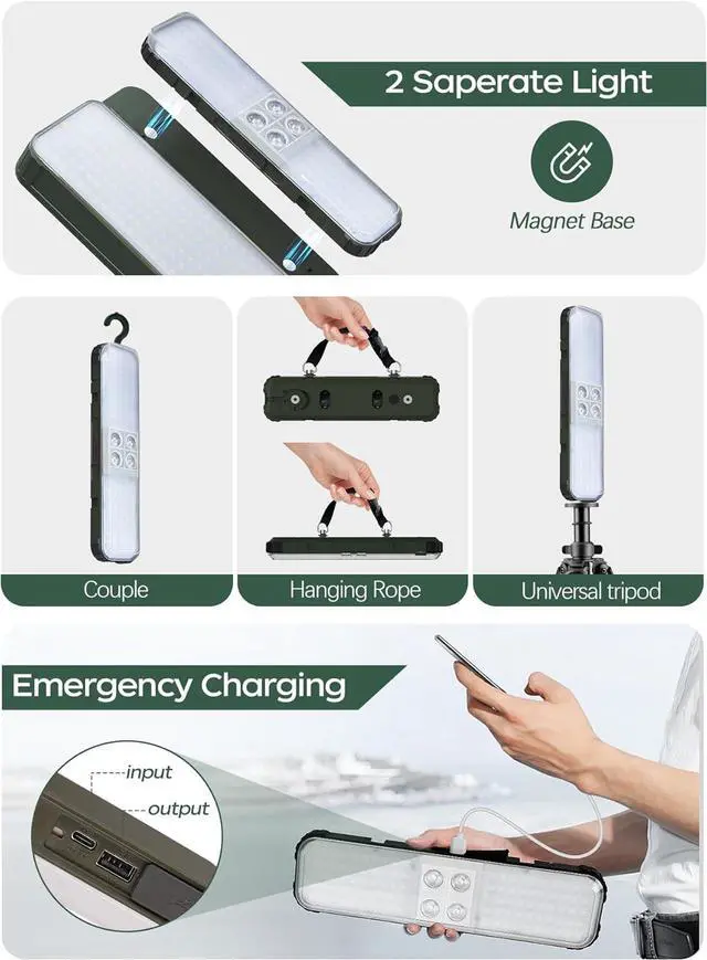 Alt view image 6 of 7 - 10000lm Dimmable Rechargeable Work Light, 15000mAh Detachable Camping Work Light 72'' Telescopic with 2 Separate Lights, 2 Charge Ways Type C & Solar Powered