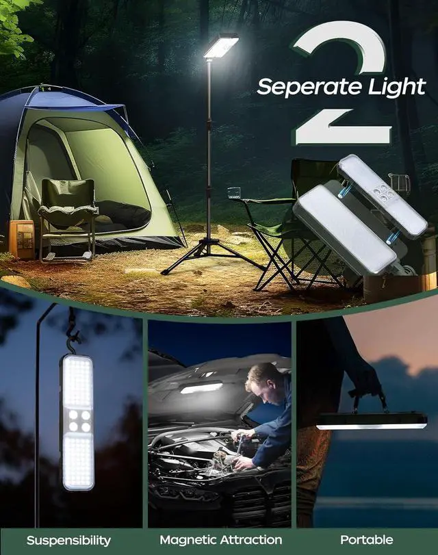 Alt view image 7 of 7 - 10000lm Dimmable Rechargeable Work Light, 15000mAh Detachable Camping Work Light 72'' Telescopic with 2 Separate Lights, 2 Charge Ways Type C & Solar Powered