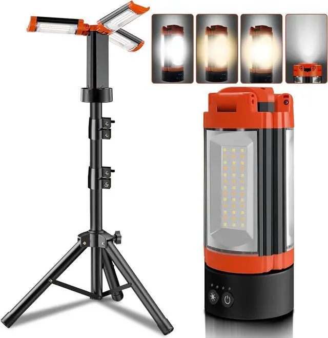 Main image of Rechargeable 12000mAh Camping Light with Adjustable Stand, Cordless Work 3 LED Lamp Heads, 2200 Lumens Dimmable Magnetic Emergency Flashlight Detachable Tripod, Orange  Orange&Black stand