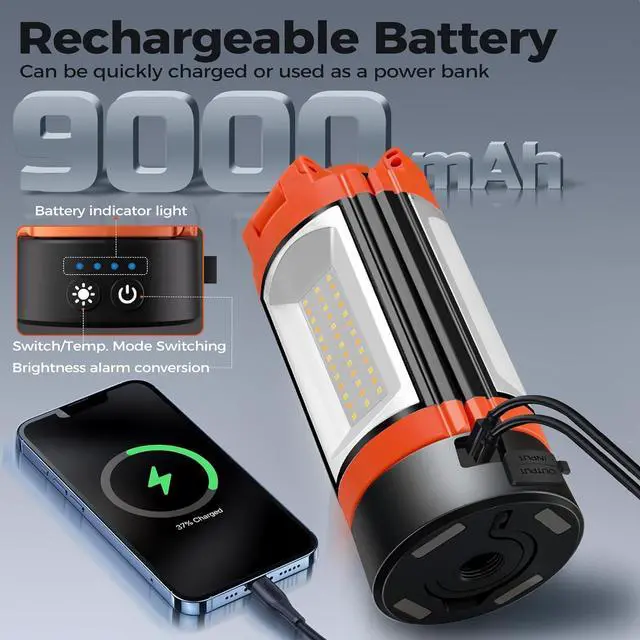Alt view image 2 of 7 - Rechargeable 12000mAh Camping Light with Adjustable Stand, Cordless Work 3 LED Lamp Heads, 2200 Lumens Dimmable Magnetic Emergency Flashlight Detachable Tripod, Orange  Orange&Black stand