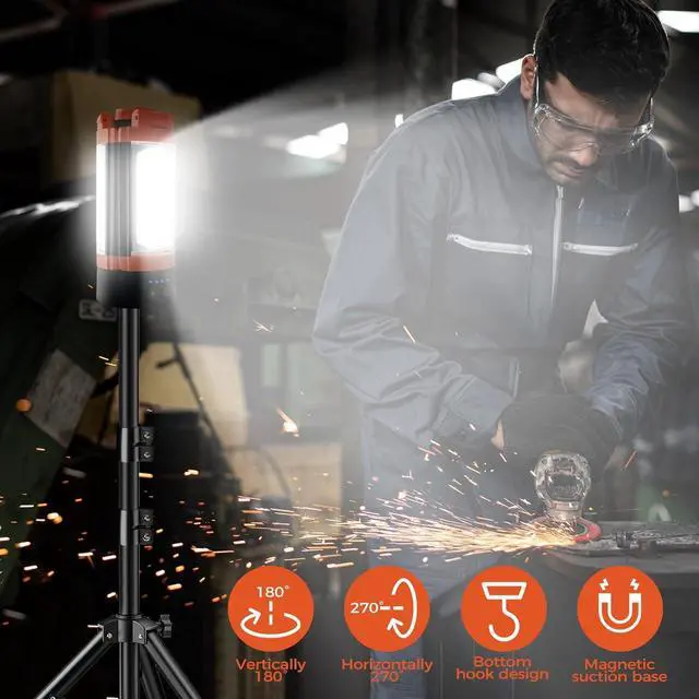 Alt view image 5 of 7 - Rechargeable 12000mAh Camping Light with Adjustable Stand, Cordless Work 3 LED Lamp Heads, 2200 Lumens Dimmable Magnetic Emergency Flashlight Detachable Tripod, Orange  Orange&Black stand