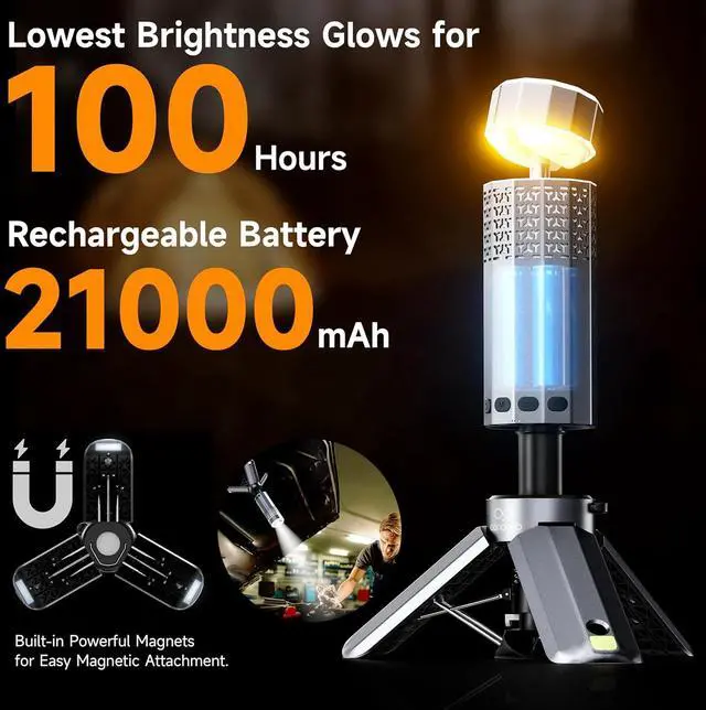 Alt view image 5 of 7 - Rechargeable 21000mAh Camping Light, Telescopic Lights, Collapsible Magnetic Lantern with Stand IPX6 Waterproof Flashlights, Lamp for Emergency, Hiking  Silver-Gray -