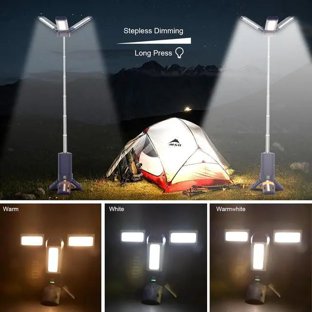 Alt view image 2 of 7 - 10000mAh Rechargeable 4000LM Camping Light Telescopic Lantern , 270° Rotating Aluminum Remote Control, Warm/White/Nature, Dimmable for Outdoor Camping, IP45 Waterproof,Portable Bag Black -