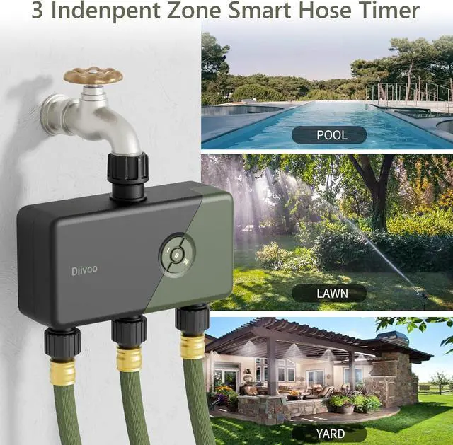 Alt view image 4 of 7 - WiFi Sprinkler Timer 3 Zone, Smart Water Hose Compatible with Alexa and Google, Remote Control Irrigation, Automatic Manual Watering, Rain Delay, for Garden, Yards Lawns (2.4Ghz Only) Green  Outlets