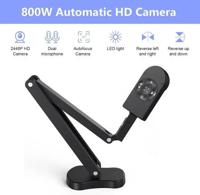 Alt view image 2 of 7 - THUSTAR 8MP Document Camera & Webcam 4K with Dual Microphones, USB Visualiser A3-Size, 3-Level LED Lights, Image Invert Function, Fold, for Live Demo, Distance Education -Windows, macOS and Chrome OS