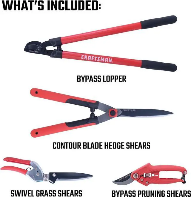 Alt view image 2 of 7 - 4-Piece Pruning Tools Set with Bypass Pruner, Lopper, Wavy Blade Hedge Shears & Swivel Grass Red -