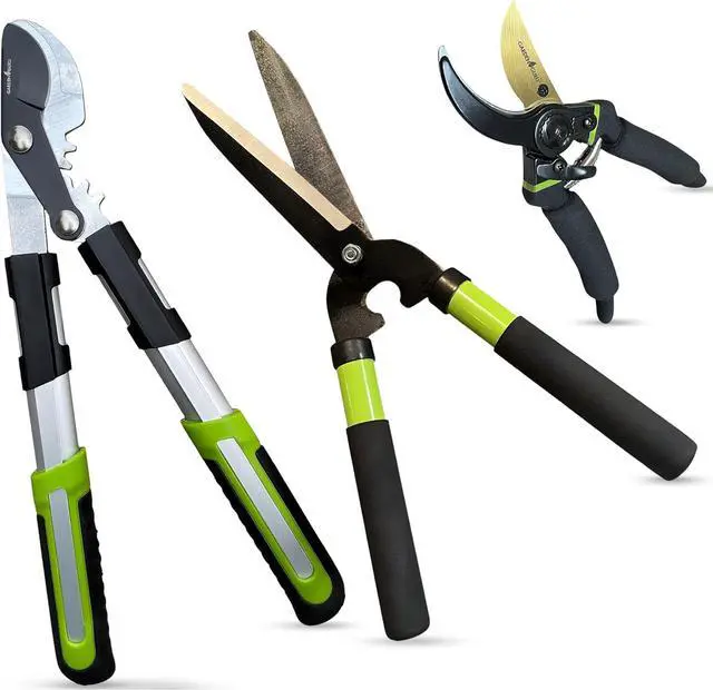 Main image of GARDEN GURU Hedge Shears Bypass Loppers Pruning 3 Pc Set - Heavy Duty Comfort Grip Handles Sharp Blades for Easy & Clean Cuts Perfect Trimming Tool Kit Black 1 Pack