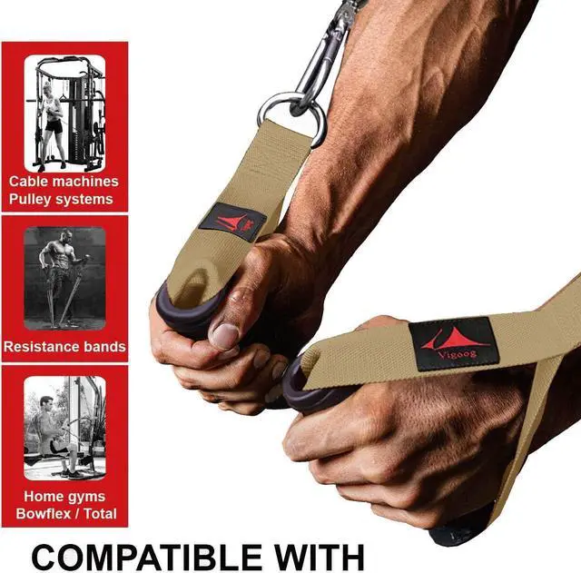 Alt view image 6 of 7 - Heavy Duty Gym Exercise Handles Attachment for Cable Machine,Resistance Band,Pulley System Home Fitness Workout Equipment, with Elastic Rubber Grip and 2 Large Carabiners  Noble khaki -