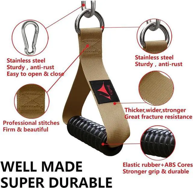 Alt view image 4 of 7 - Heavy Duty Gym Exercise Handles Attachment for Cable Machine,Resistance Band,Pulley System Home Fitness Workout Equipment, with Elastic Rubber Grip and 2 Large Carabiners  Noble khaki -
