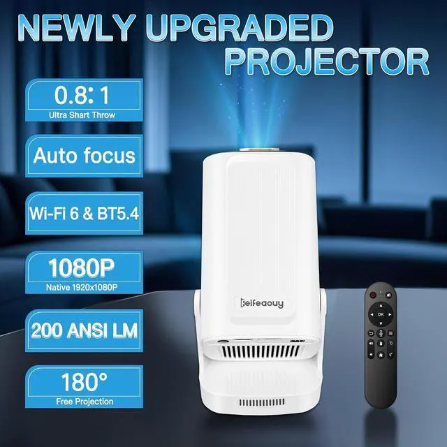 Alt view image 2 of 7 - Mini Projector with WiFi and Bluetooth 5.4 - Auto Focus/Keystone, Native 1080P, 4K Support, Android 11, 200 ANSI, Short Throw, Air Mouse Remote, Ceiling & Wall Projection, Portable Movie