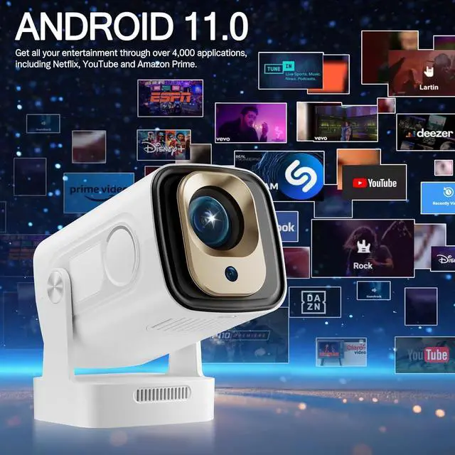 Alt view image 4 of 7 - Mini Projector with WiFi and Bluetooth 5.4 - Auto Focus/Keystone, Native 1080P, 4K Support, Android 11, 200 ANSI, Short Throw, Air Mouse Remote, Ceiling & Wall Projection, Portable Movie