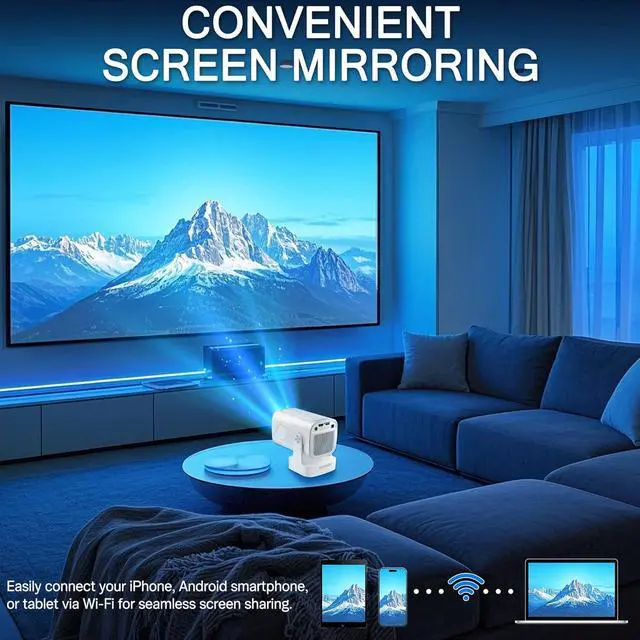Alt view image 6 of 7 - Mini Projector with WiFi and Bluetooth 5.4 - Auto Focus/Keystone, Native 1080P, 4K Support, Android 11, 200 ANSI, Short Throw, Air Mouse Remote, Ceiling & Wall Projection, Portable Movie