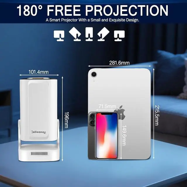 Alt view image 7 of 7 - Mini Projector with WiFi and Bluetooth 5.4 - Auto Focus/Keystone, Native 1080P, 4K Support, Android 11, 200 ANSI, Short Throw, Air Mouse Remote, Ceiling & Wall Projection, Portable Movie