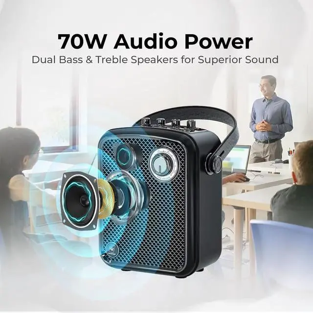 Alt view image 2 of 7 - Wireless Voice Amplifier with Microphone, Portable PA Speaker System, 70W Bluetooth 5.3 Karaoke Machine for Teachers, Public Speaking, Events, Singing, Parties, Supports Guitar, Headphone - S100