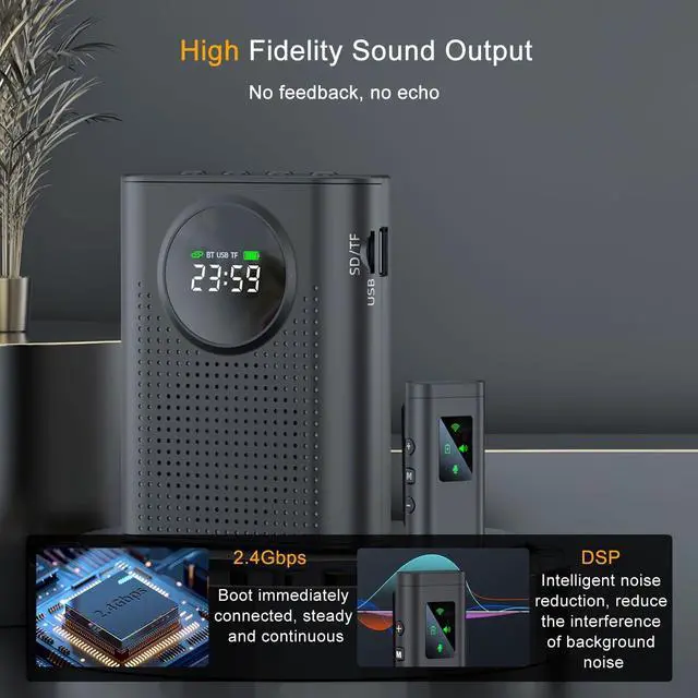 Alt view image 3 of 7 - Voice Amplifier with Magnetic Wireless Lapel Microphone, 15W Mini Megaphone for Classroom, Portable Speaker PA System Teachers, Elderly, Yoga, Tour Guide, Bluetooth  Black -