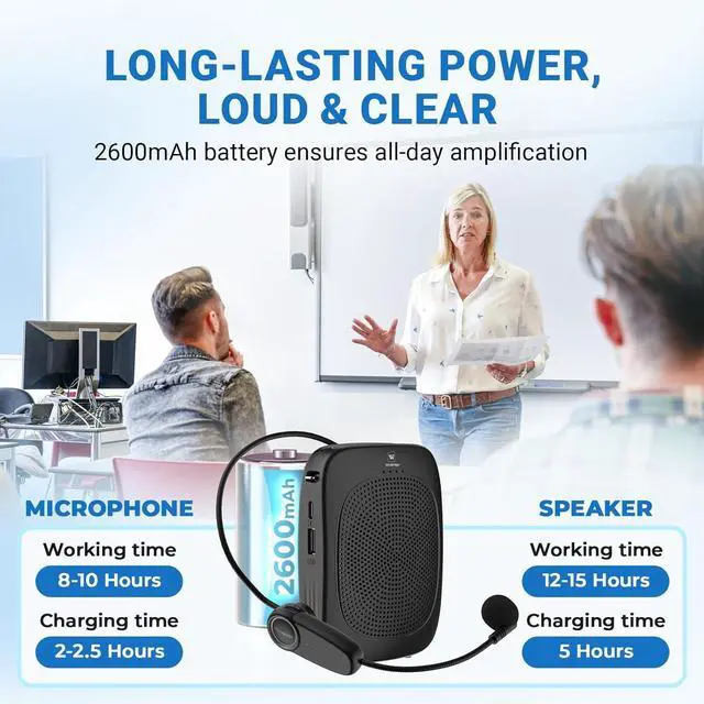Alt view image 3 of 7 - Wireless Voice Amplifier with Headset Microphone,Personal Bluetooth Mic,Teachers Microphone Wireless,Mini Megaphone Speaker,Portable PA System for Classroom C002 Black -