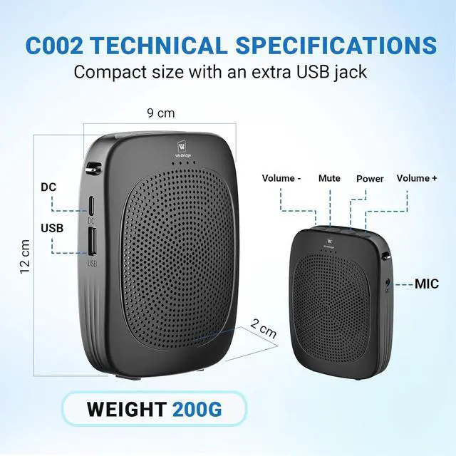 Alt view image 5 of 7 - Wireless Voice Amplifier with Headset Microphone,Personal Bluetooth Mic,Teachers Microphone Wireless,Mini Megaphone Speaker,Portable PA System for Classroom C002 Black -