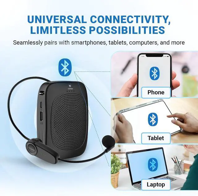 Alt view image 4 of 7 - Wireless Voice Amplifier with Headset Microphone,Personal Bluetooth Mic,Teachers Microphone Wireless,Mini Megaphone Speaker,Portable PA System for Classroom C002 Black -