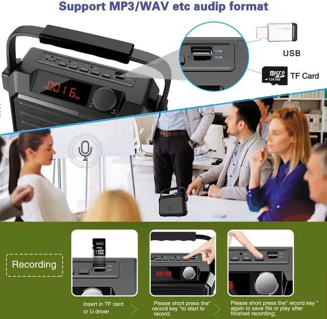Alt view image 5 of 7 - WinBridge Wireless Voice Amplifier for Teachers, 30W Portable PA System with UHF Headset Microphone & Bluetooth Speaker, for Classroom, Fitness Instructors, Public Speaking, TWS, FM, Recording, H5