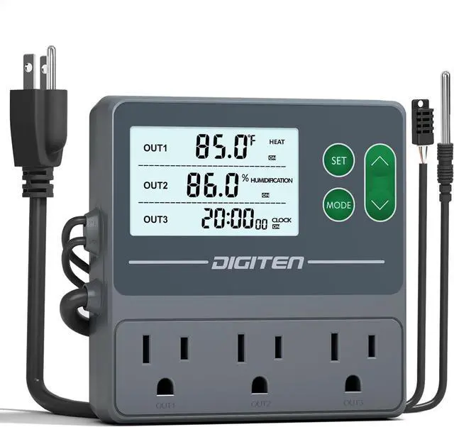 Main image of Temperature and Humidity Controller with Timer - 3 Outlet, 2 Separate Probes, Plug in for Reptiles,Snake, Mushrooms, Tent, Triple Control Temp,Humidity,Time Gray