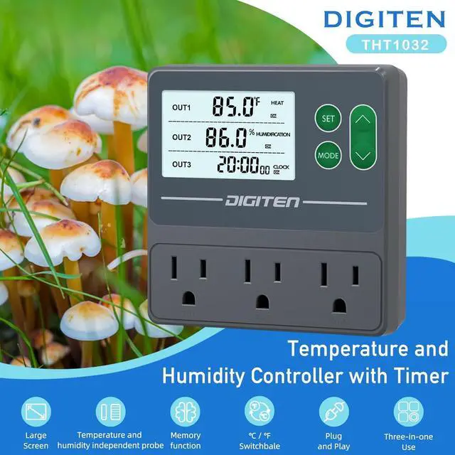 Alt view image 2 of 7 - Temperature and Humidity Controller with Timer - 3 Outlet, 2 Separate Probes, Plug in for Reptiles,Snake, Mushrooms, Tent, Triple Control Temp,Humidity,Time Gray