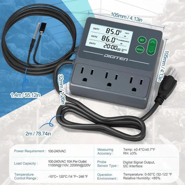 Alt view image 3 of 7 - Temperature and Humidity Controller with Timer - 3 Outlet, 2 Separate Probes, Plug in for Reptiles,Snake, Mushrooms, Tent, Triple Control Temp,Humidity,Time Gray