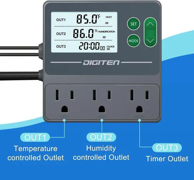 Alt view image 4 of 7 - Temperature and Humidity Controller with Timer - 3 Outlet, 2 Separate Probes, Plug in for Reptiles,Snake, Mushrooms, Tent, Triple Control Temp,Humidity,Time Gray