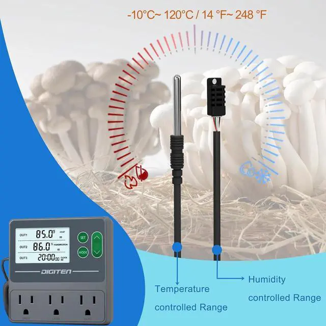 Alt view image 5 of 7 - Temperature and Humidity Controller with Timer - 3 Outlet, 2 Separate Probes, Plug in for Reptiles,Snake, Mushrooms, Tent, Triple Control Temp,Humidity,Time Gray