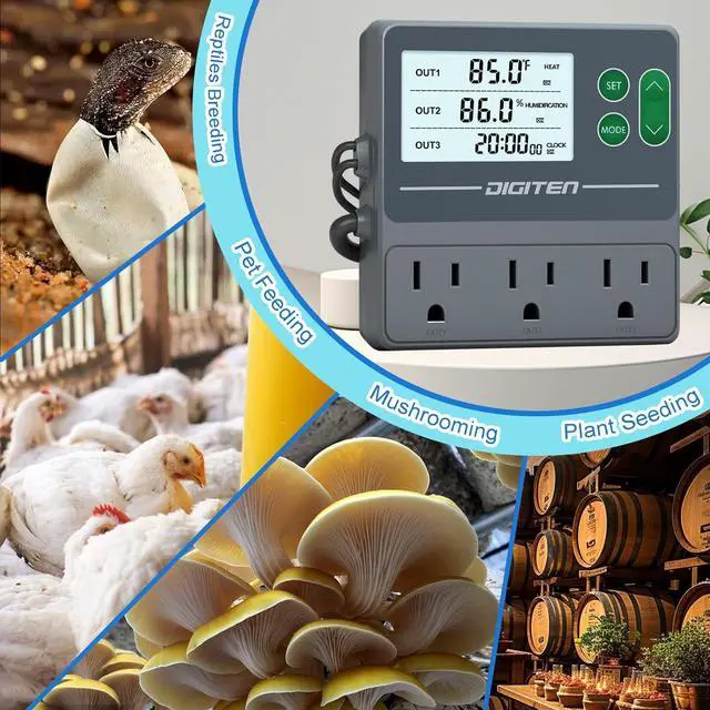 Alt view image 7 of 7 - Temperature and Humidity Controller with Timer - 3 Outlet, 2 Separate Probes, Plug in for Reptiles,Snake, Mushrooms, Tent, Triple Control Temp,Humidity,Time Gray