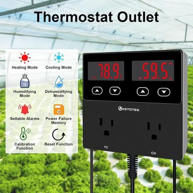 Alt view image 2 of 7 - Digital Temperature and Humidity Controller Outlet, Reptile Thermostat Plug Dual Stage Pre-Wired for Mushroom Greenhouse Homebrew Black -